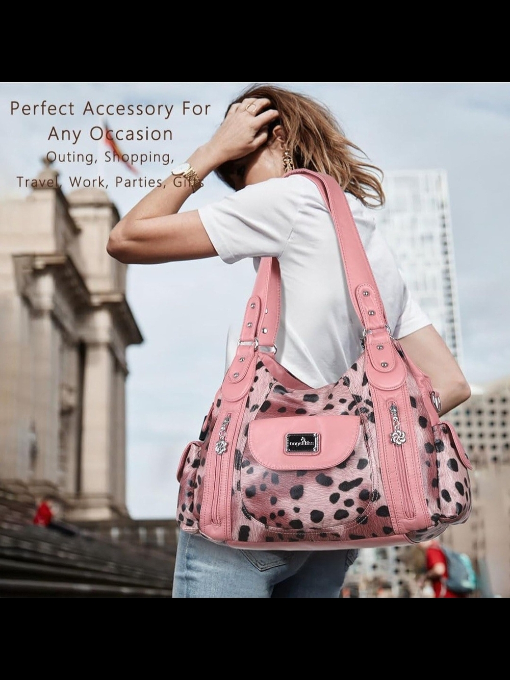 Angel Kiss Vegan Leather Leopard Print Hobo Satchel Bag- Pink & Black - Picture 3 of 9